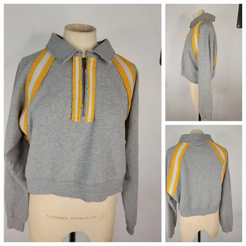 Free People Sz M Crop Sweater 3/4 Zip Collard Top Elastic Details